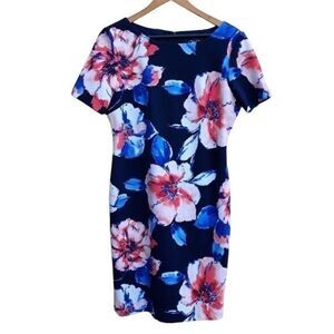 Chelsea Rose Vibrant Tropical Floral Modest Short Sleeve Sheath Dress Blue Sz 10